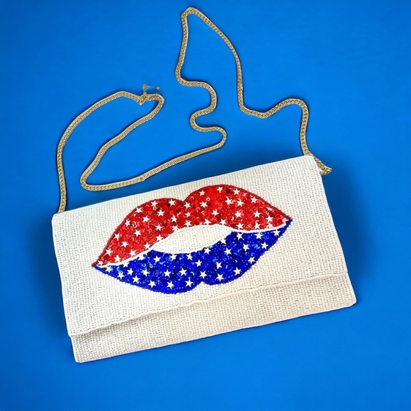New American Flag Lips Stylish Beaded Clutch with Red and Blue Lip Design - Picture 1 of 4